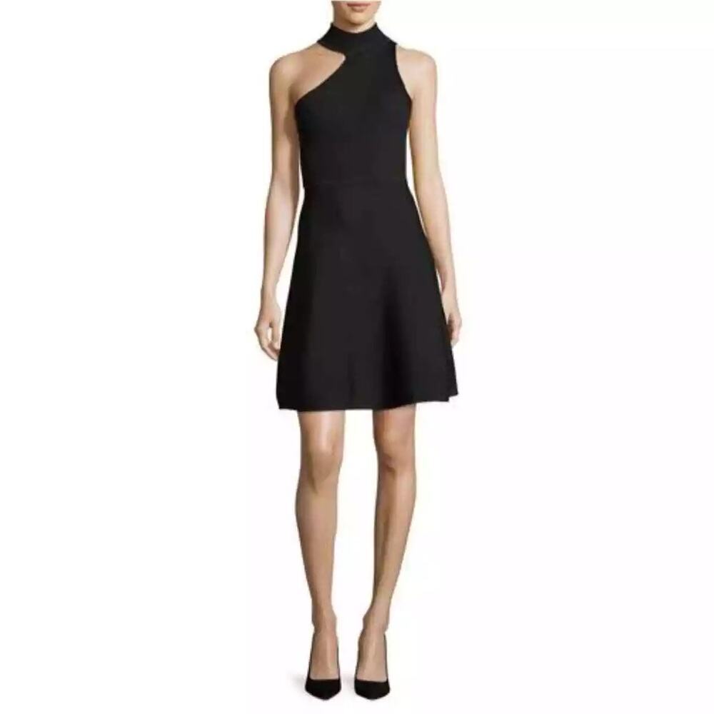 CUSHNIE ET OCHS Black Ribbed Knit One Shoulder Sleeveless Mini Dress Size Medium